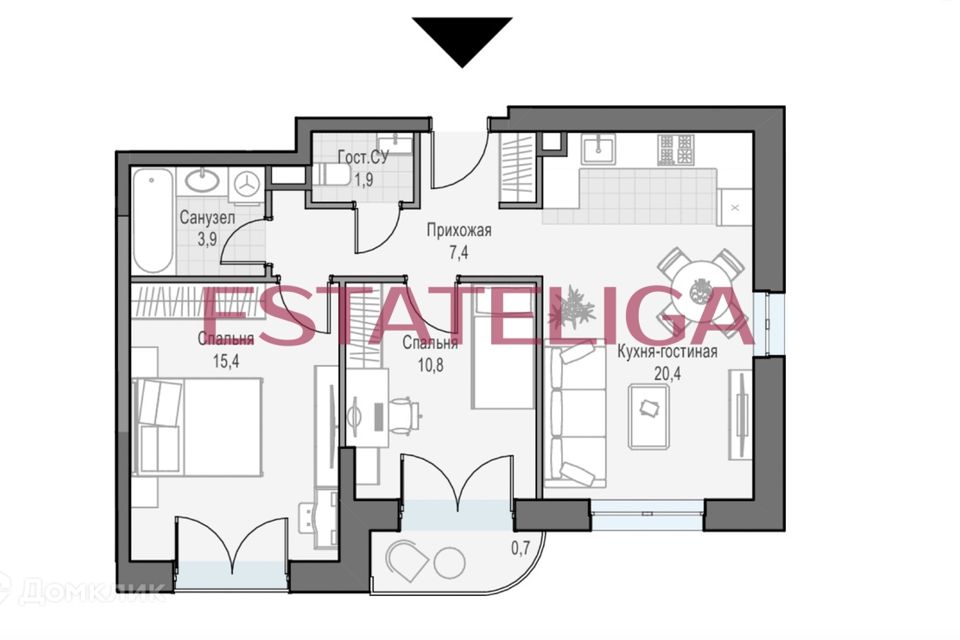 Продаётся 2-комнатная квартира, 62.2 м²