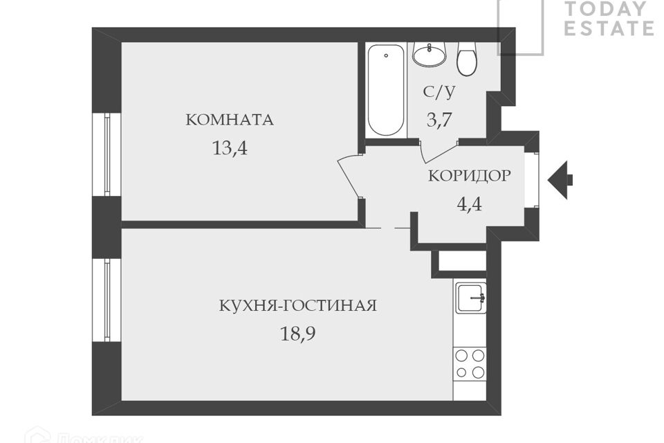 Продаётся 2-комнатная квартира, 40.4 м²