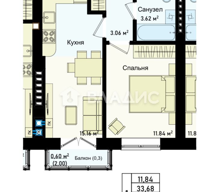 Продаётся 1-комнатная квартира, 35.68 м²