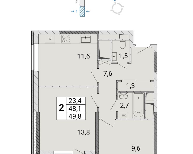 Продаётся 2-комнатная квартира, 49.9 м²