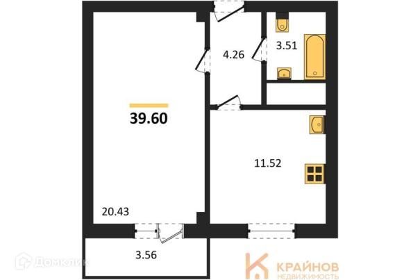 Продаётся 1-комнатная квартира, 39.6 м²