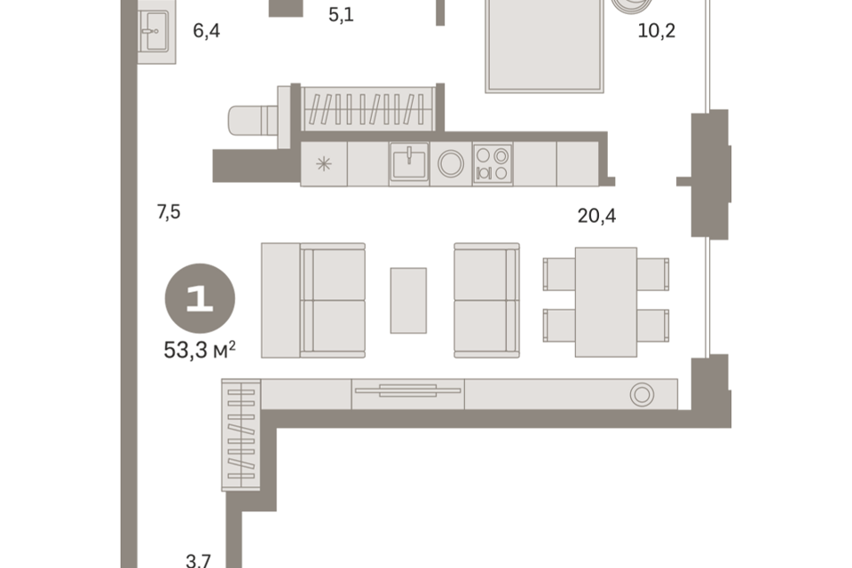 Продаётся 1-комнатная квартира, 53.24 м²