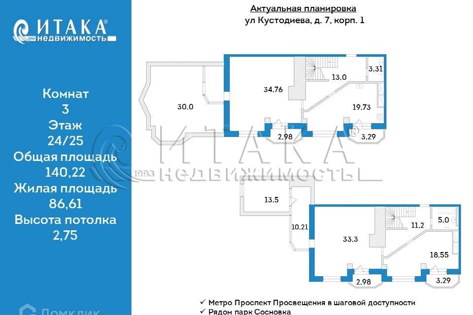Продаётся 3-комнатная квартира, 140.22 м²