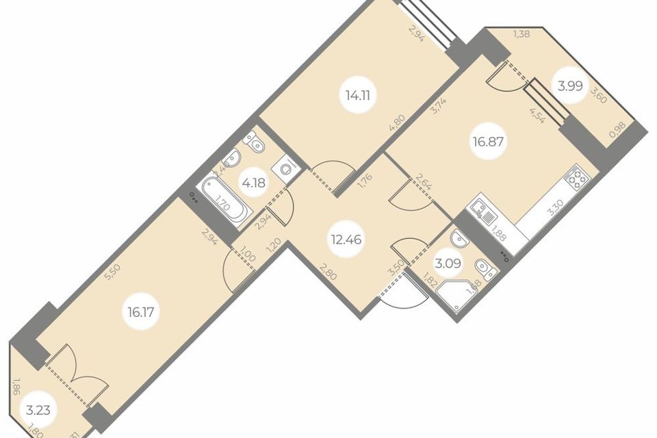 Продаётся 2-комнатная квартира, 69.79 м²