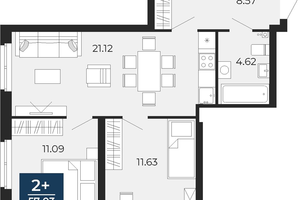 Продаётся 2-комнатная квартира, 57.03 м²