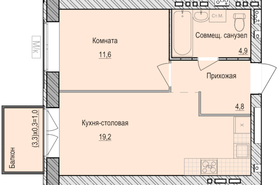 Продаётся 1-комнатная квартира, 41.5 м²