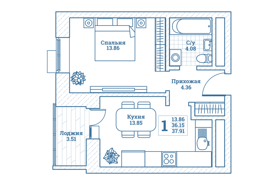 Продаётся 1-комнатная квартира, 38.1 м²