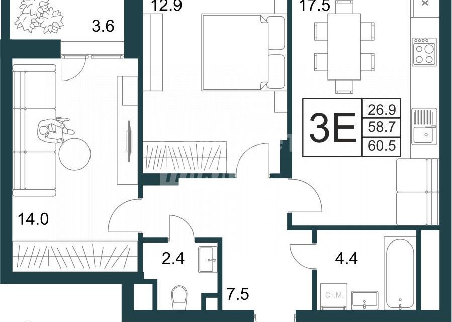 Продаётся 2-комнатная квартира, 60.5 м²