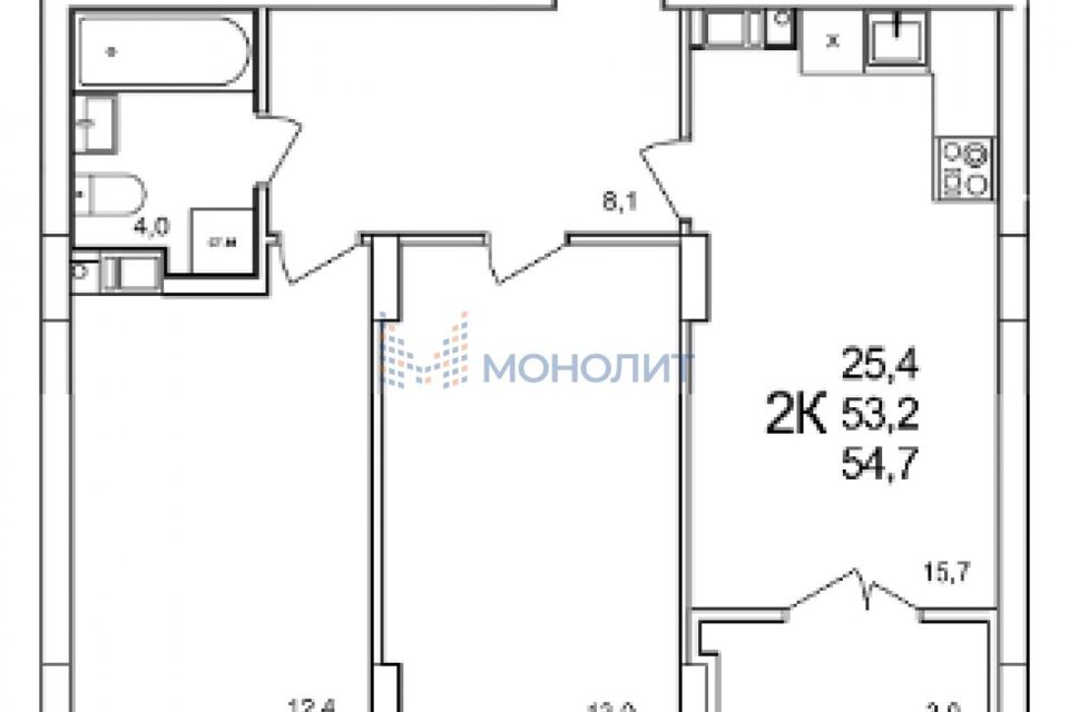 Продаётся 1-комнатная квартира, 54.5 м²