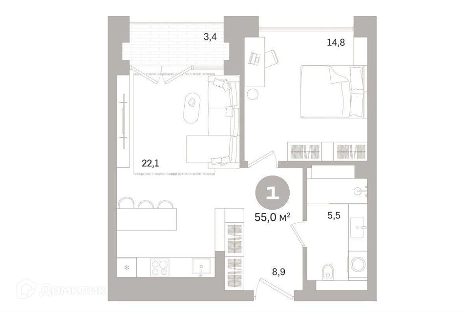 Продаётся 1-комнатная квартира, 55 м²