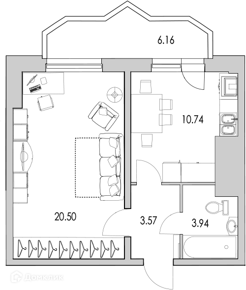 Продаётся 1-комнатная квартира, 46.4 м²