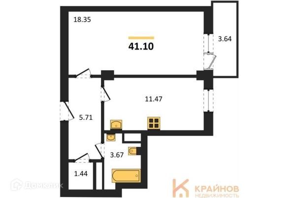 Продаётся 1-комнатная квартира, 41.1 м²