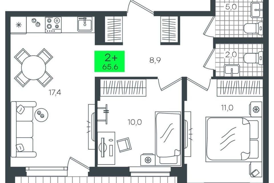 Продаётся 2-комнатная квартира, 65.6 м²