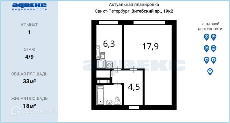 Продаётся 1-комнатная квартира, 33 м²