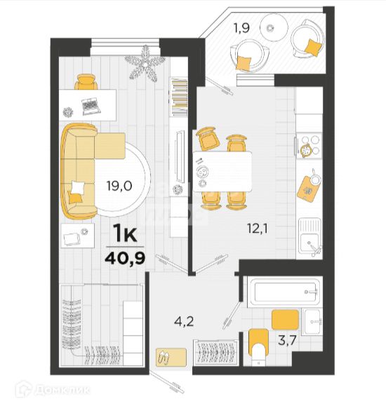 Продаётся 1-комнатная квартира, 41.5 м²