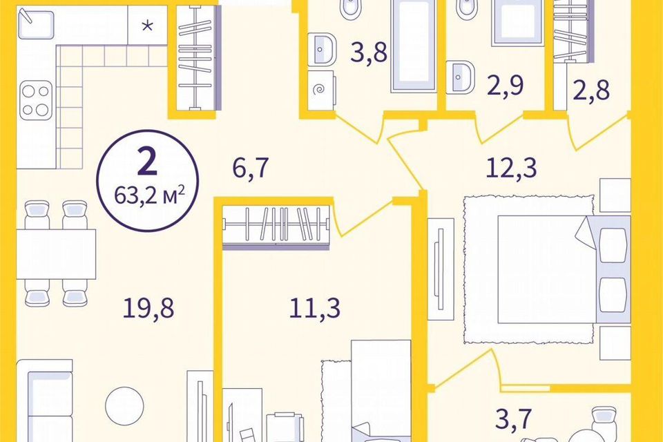 Продаётся 2-комнатная квартира, 61.3 м²