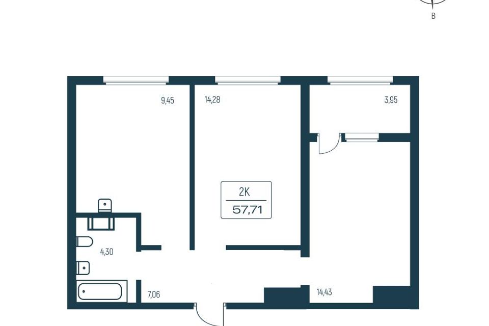 Продаётся 2-комнатная квартира, 55.3 м²