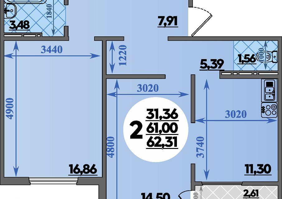 Продаётся 2-комнатная квартира, 62.31 м²