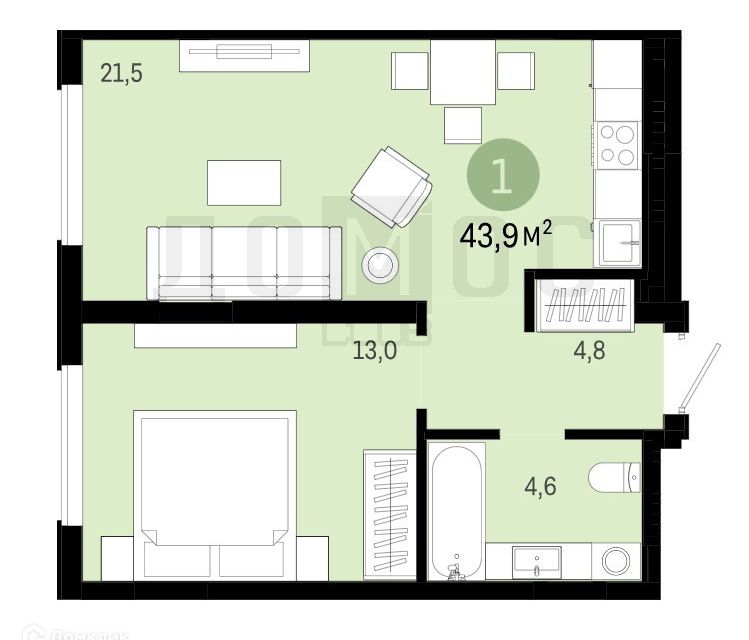 Продаётся 1-комнатная квартира, 43.9 м²