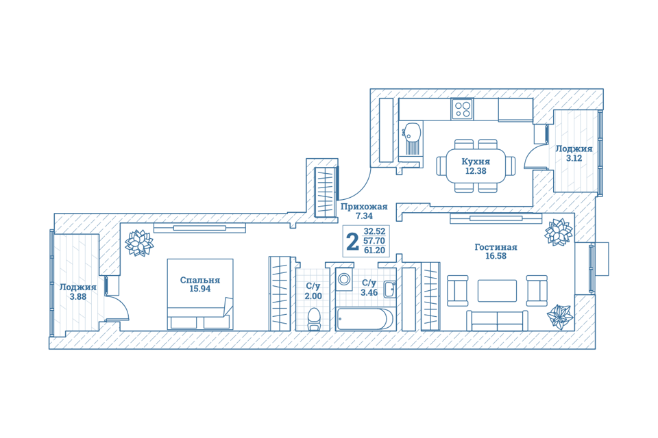 Продаётся 2-комнатная квартира, 61.4 м²