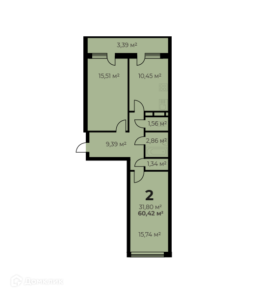 Продаётся 2-комнатная квартира, 57.1 м²