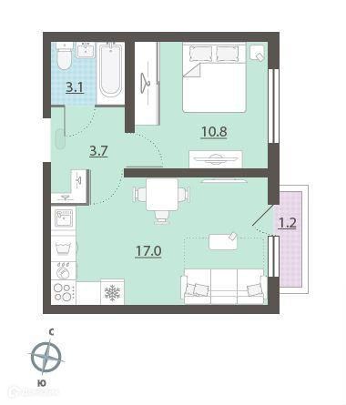 Продаётся 1-комнатная квартира, 34.8 м²