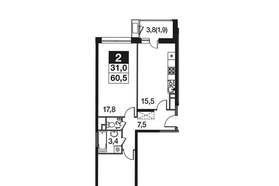 Продаётся 2-комнатная квартира, 60.5 м²