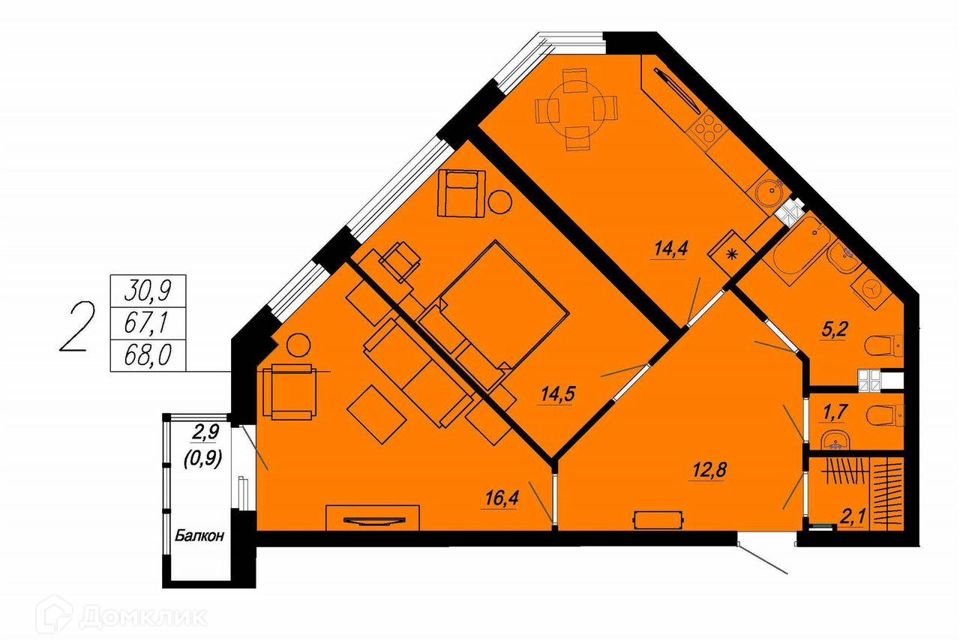 Продаётся 2-комнатная квартира, 73.8 м²