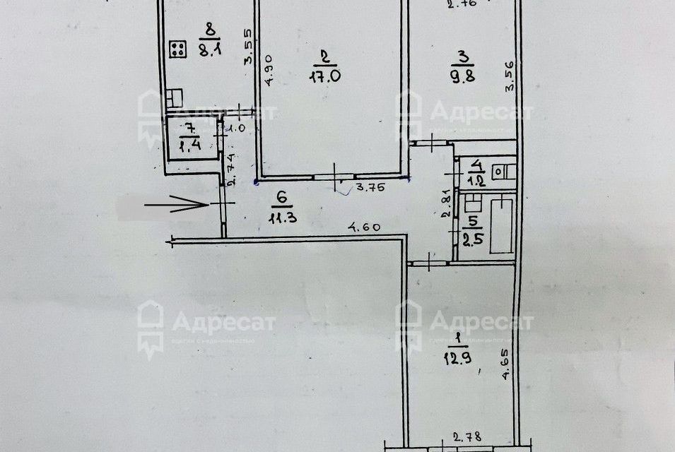 Продаётся 3-комнатная квартира, 64.2 м²