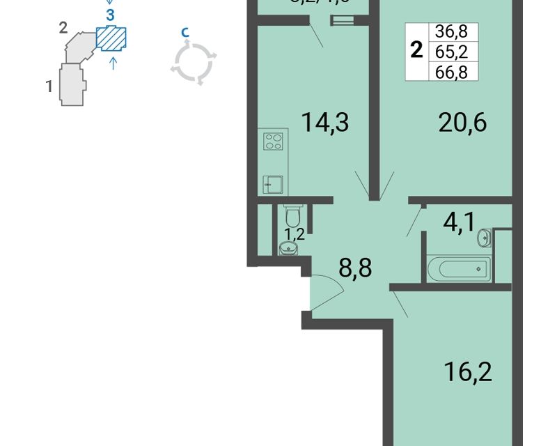 Продаётся 2-комнатная квартира, 66.8 м²