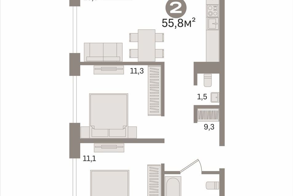 Продаётся 1-комнатная квартира, 55.7 м²