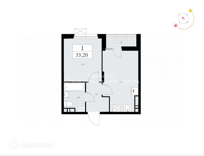 Продаётся 1-комнатная квартира, 33.2 м²