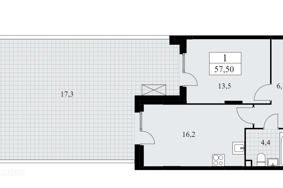 Продаётся 1-комнатная квартира, 57.5 м²