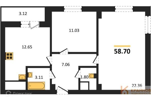 Продаётся 2-комнатная квартира, 58.7 м²