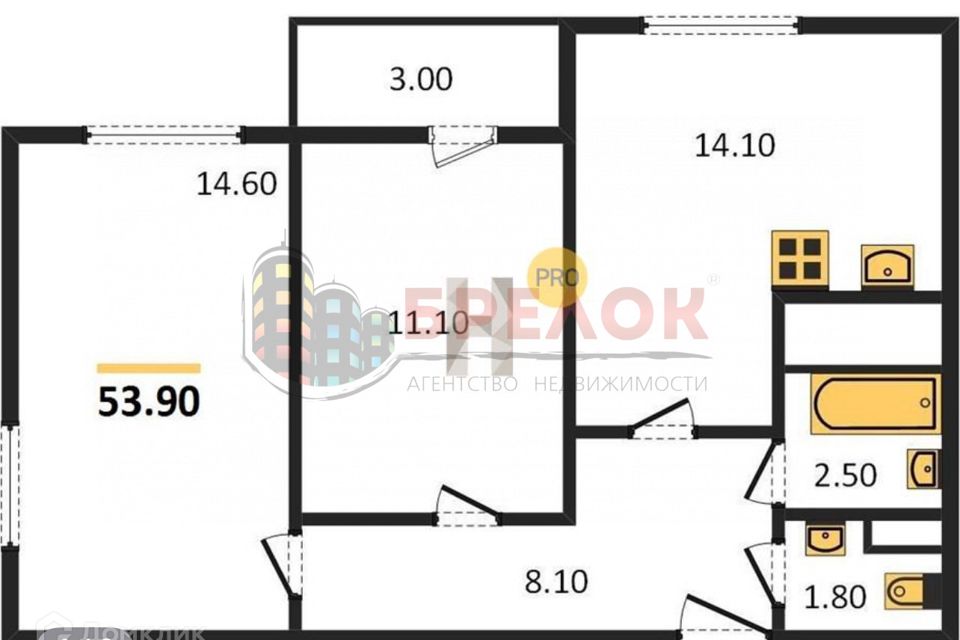 Продаётся 2-комнатная квартира, 53.9 м²