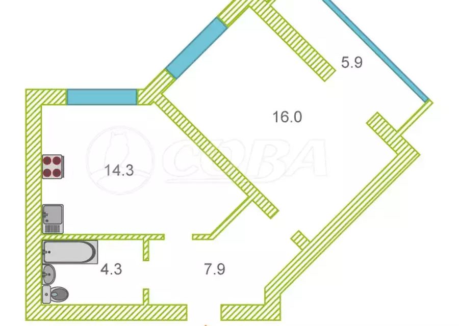 Продаётся 1-комнатная квартира, 43 м²