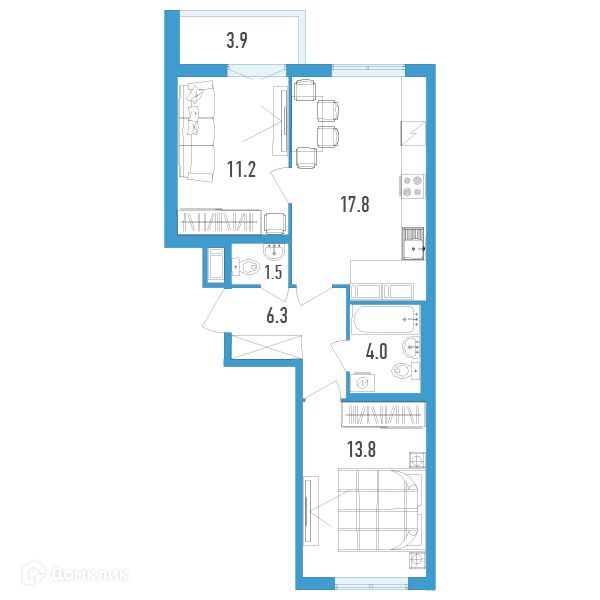 Продаётся 2-комнатная квартира, 56.6 м²