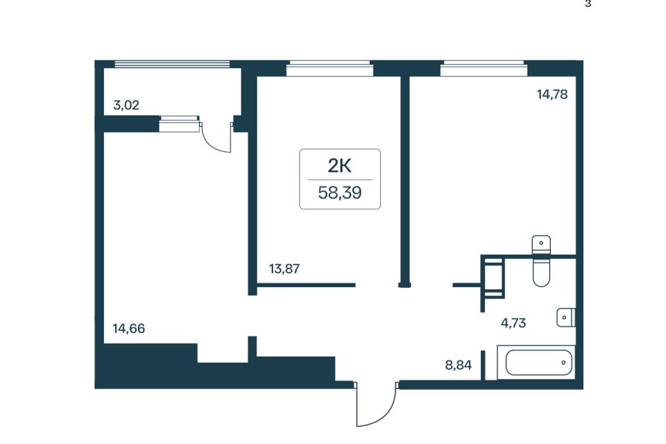 Продаётся 2-комнатная квартира, 57 м²