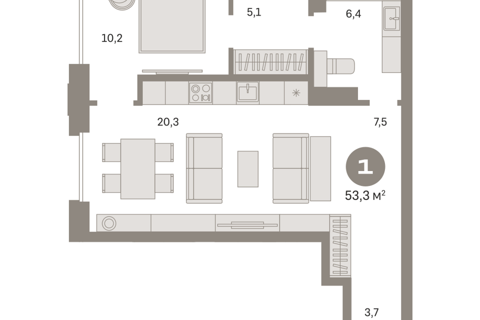 Продаётся 1-комнатная квартира, 53.24 м²