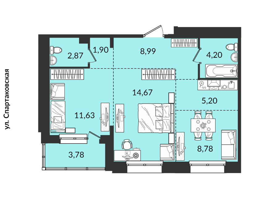 Продаётся 3-комнатная квартира, 57.98 м²