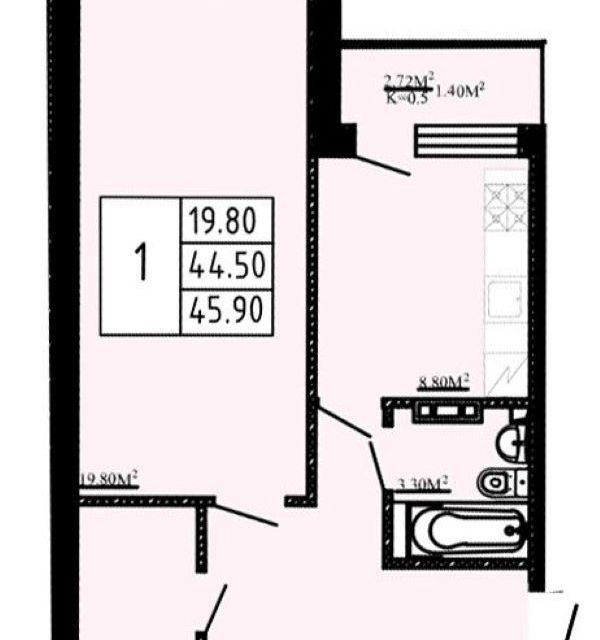 Продаётся 1-комнатная квартира, 45 м²