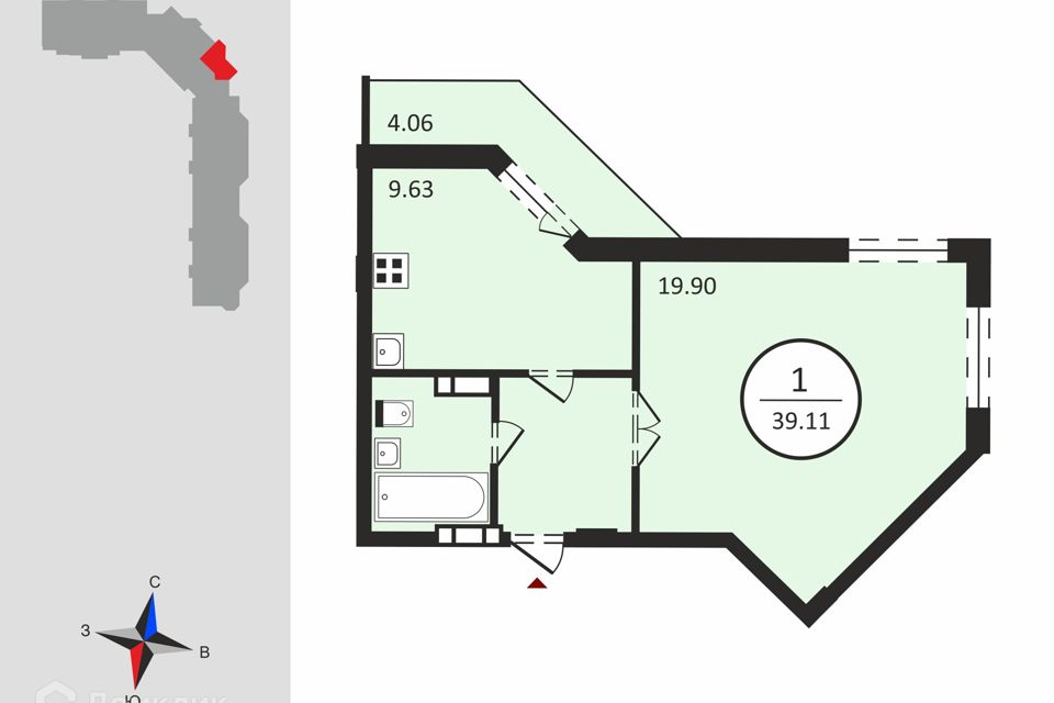 Продаётся 1-комнатная квартира, 39.1 м²