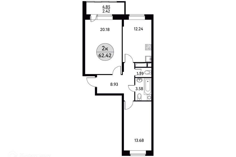 Продаётся 2-комнатная квартира, 62.42 м²
