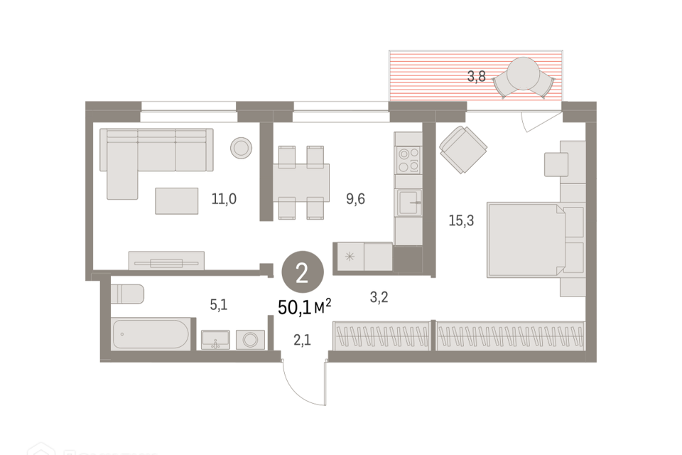 Продаётся 2-комнатная квартира, 50.11 м²