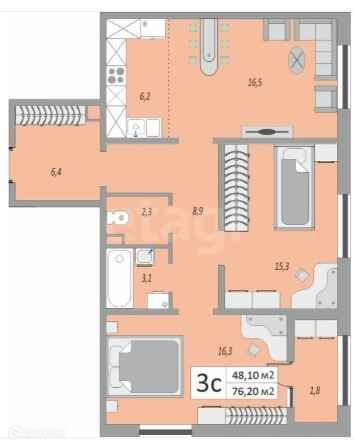 Продаётся 3-комнатная квартира, 76.2 м²