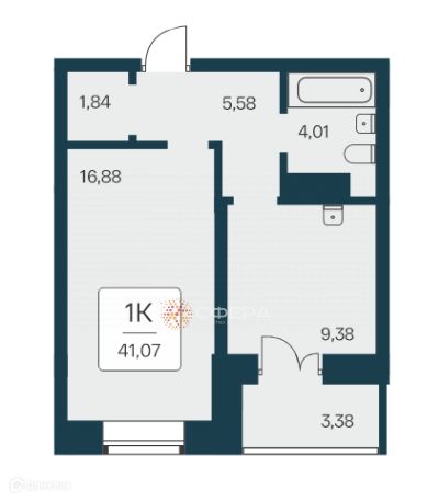 Продаётся 1-комнатная квартира, 41.07 м²