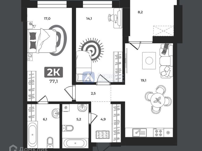 Продаётся 2-комнатная квартира, 77.1 м²