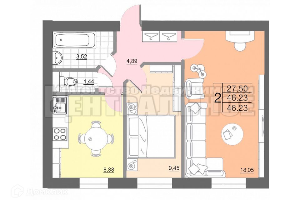 Продаётся 2-комнатная квартира, 46.23 м²