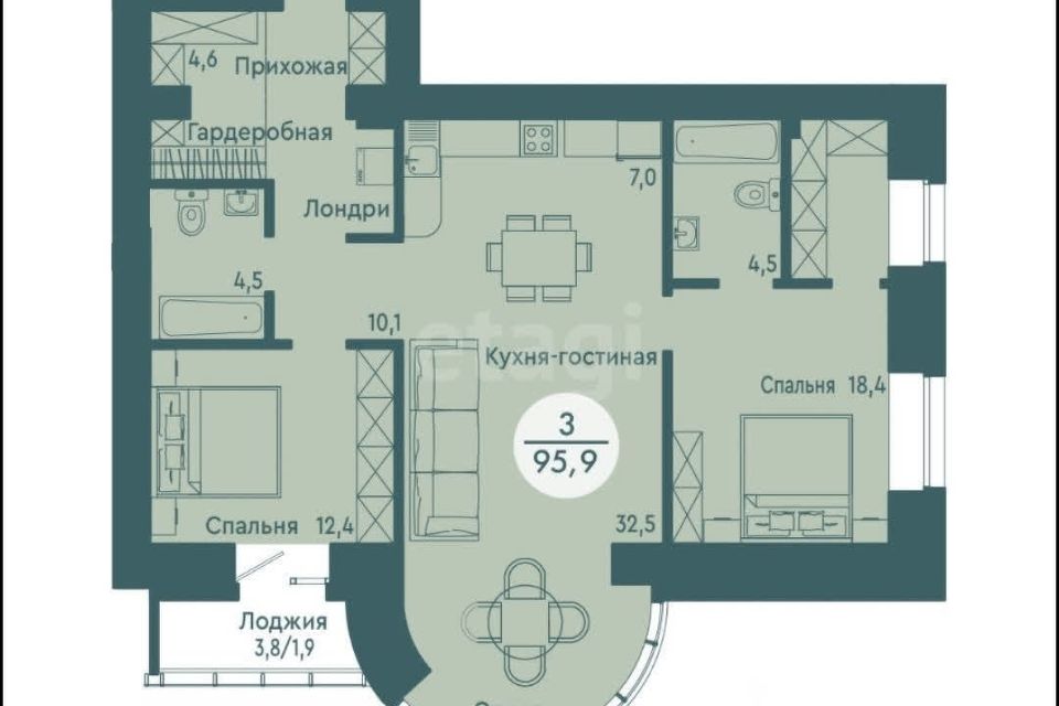 Продаётся 3-комнатная квартира, 95 м²