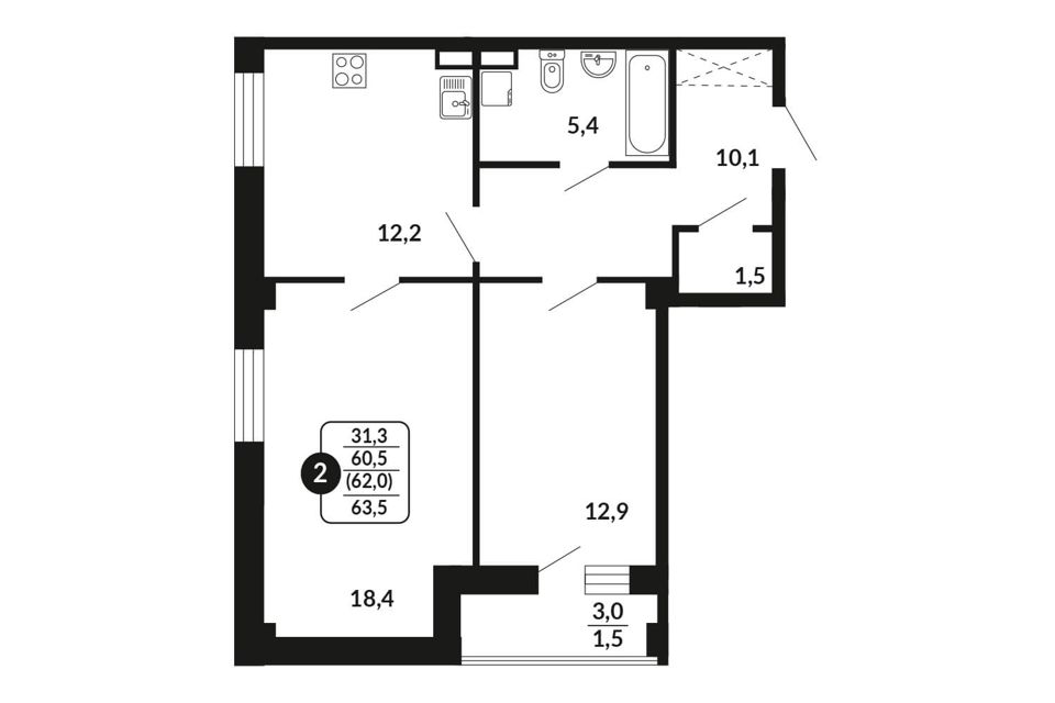 Продаётся 2-комнатная квартира, 62 м²